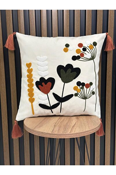 AYS DEKOR (قطعتان) غطاء وسادة مطرز بشراشيب، طقم من قطعتين، مقاس 43×43 سم