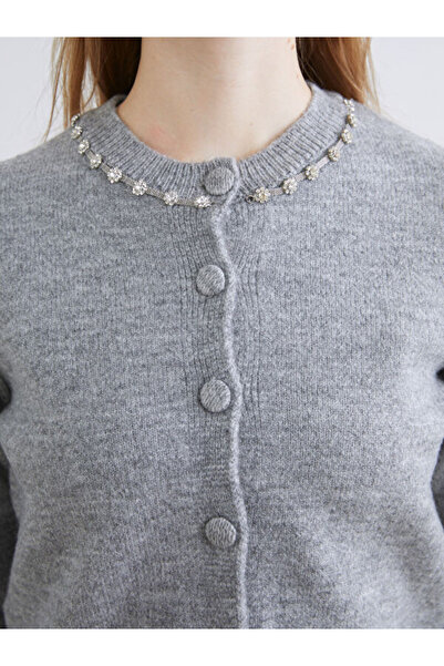 LC Waikiki Crew Neck Stone Women's Knitwear Cardigan