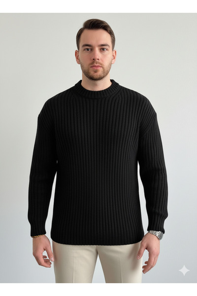 A&O Style Men's Black Oversized Crew Neck Corded Fabric Long Sleeve Knitwear Sweater