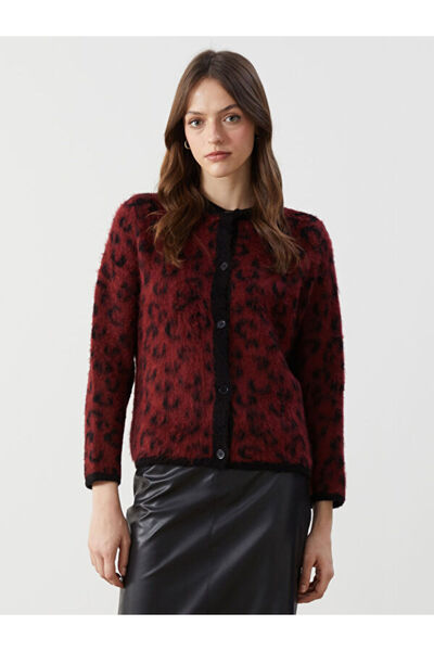 LC Waikiki Crew Neck Leopard Patterned Women's Knitwear Cardigan