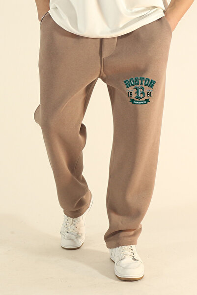 EydaMoon Ανδρικό χαλαρό χειμερινό παντελόνι Boston με τύπωμα με μάλλινο φλις εσωτερικά, φαρδύ παντελόνι με φαρδύ πόδι