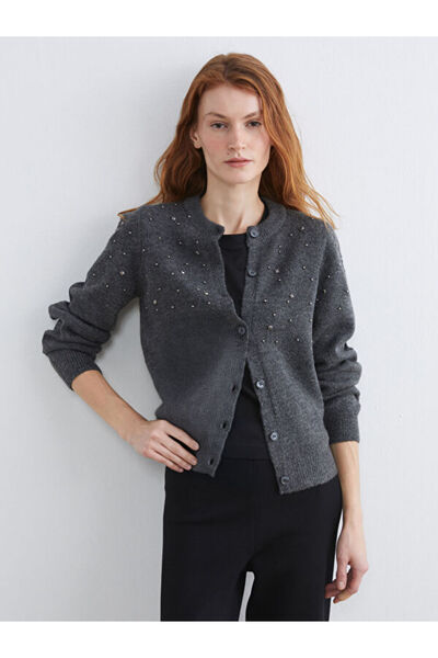 LC Waikiki Crew Neck Stone Women's Knitwear Cardigan