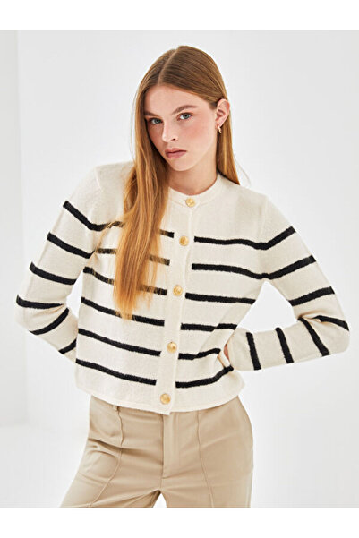 LC Waikiki Crew Neck Striped Women's Knitwear Cardigan