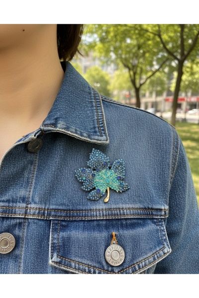 LENTE AKSESUAR Mavi Zirkon Taşlı Çınar Yaprağı Broş, Kadın Yaka İğnesi,Hediyelik Broş