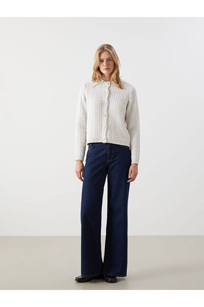 LC Waikiki Crew Neck Plaid Women's Knitwear Cardigan