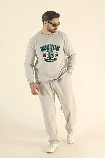 EydaMoon Men's Boston Printed Tracksuit Set Sweatshirt Baggy - Regular Winter Crew Neck