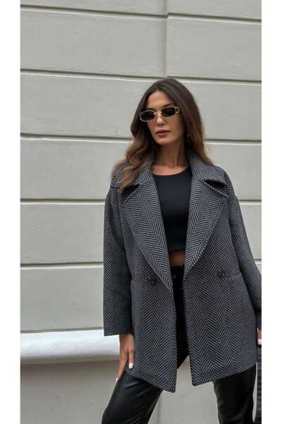 aytenli Oversized Fishbone Buttoned Lined Standard Size Compatible with Sizes S to 2XL Marginal Cashmere Jacket Coat