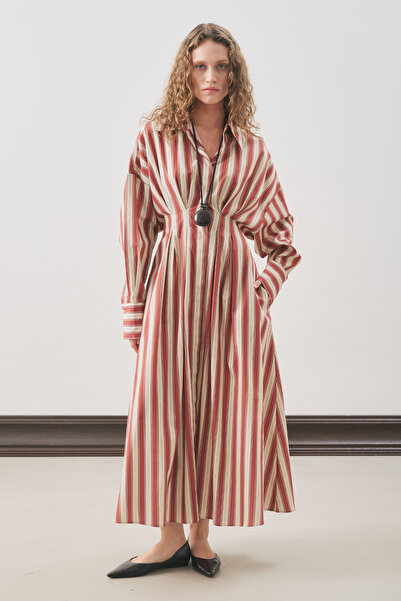 Manuka Pi̇le Detail Shirt Dress Tiles Striped