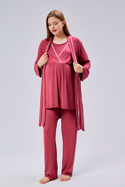 HAFSARA %100 Pamuklu Sabahlıklı Biye Geçişli Lohusa Pijama Takımı