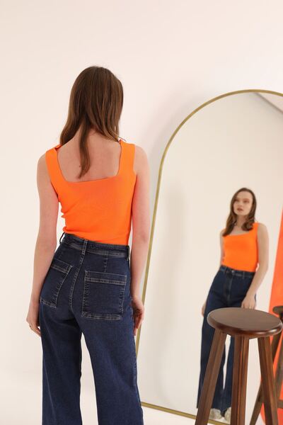 Moda1001 Cactus Knitwear Fabric Square Collar Women's Crop - Orange-Orange - Standard