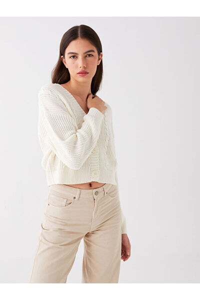 LC Waikiki V-Neck Self Patterned Long Sleeve Women's Knitwear Cardigan