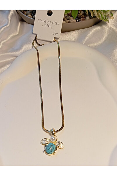 stainless steell Steel Necklace with Bee Figure and Turquoise Stone