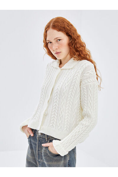 LC Waikiki Polo Collar Self Patterned Women's Knitwear Cardigan