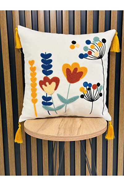 AYS DEKOR (قطعتان) غطاء وسادة مطرز ومزين بشراشيب، طقم من قطعتين، مقاس 43×43 سم