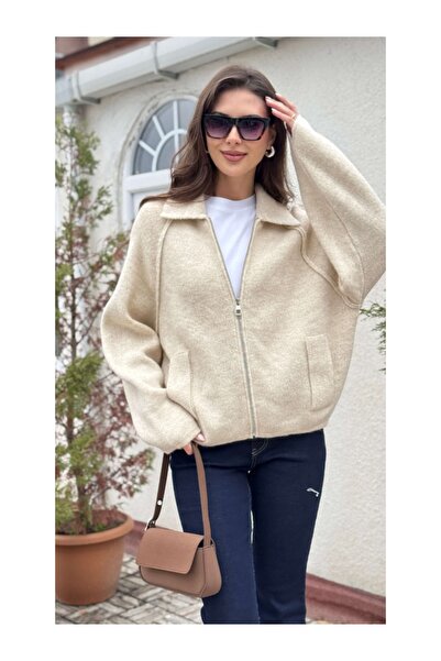 Elif Özbey Butik Stone Polo Neck Zippered Cardigan