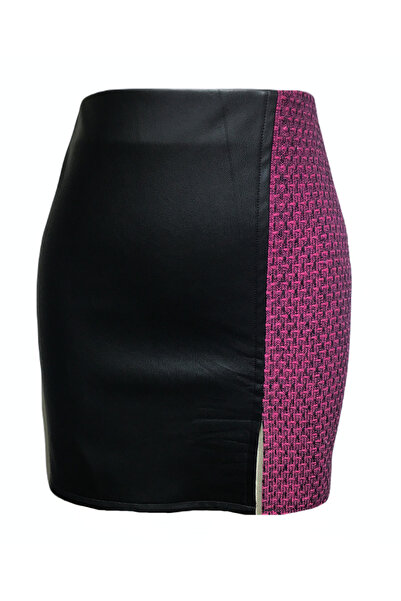 Kahra Collection تنورة جلدية صغيرة بتفاصيل من التويد باللون الوردي الفوشيا