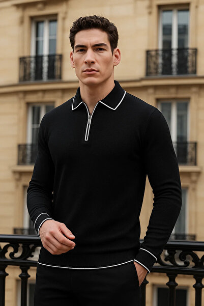 comstar Чоловіча модна чорна футболка з довгими рукавами, коміром-поло та блискавкою