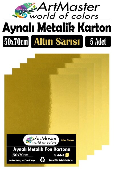 Artmaster Altın Sarı Renkli 50x70 Metalik Aynalı Fon Kartonu 5 Adet 1 Paket M...