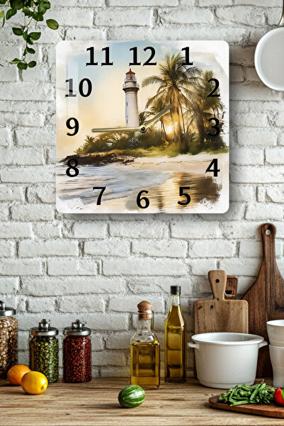 kutuTR 3D Looking Tempered Glass Square Clock – Lighthouse and Palm Tree Themed Uv Printing 33X33 cm - Kcs109