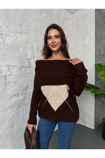 Elif Özbey Butik Bitter Brown Open Collar Baklava Pattern Sweater