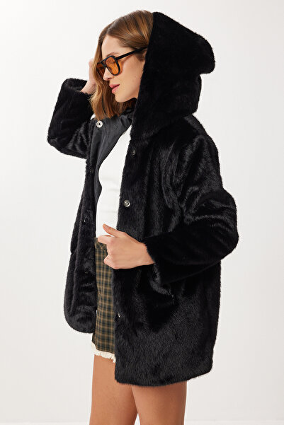 Lovelyİstanbul Hooded Faux Fur Coat Lzh0018 Black
