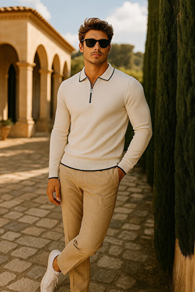 comstar Men's Casual Zippered White Long Sleeve Polo Neck Knitwear