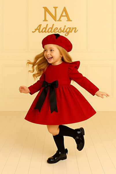 NA ADDESIGN Σετ φόρεμα και καπέλο με διπλό κρεπ φιόγκο για κορίτσια – Ειδική συνδυαστική συνδυαστική συνδυασμού για ειδικές περιστάσεις και γιορτές (ΜΑΥΡΟ-ΚΟΚΚΙΝΟ)