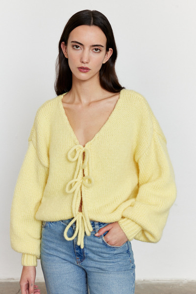 FACETTE Tied Balloon Sleeve Cardigan Yellow
