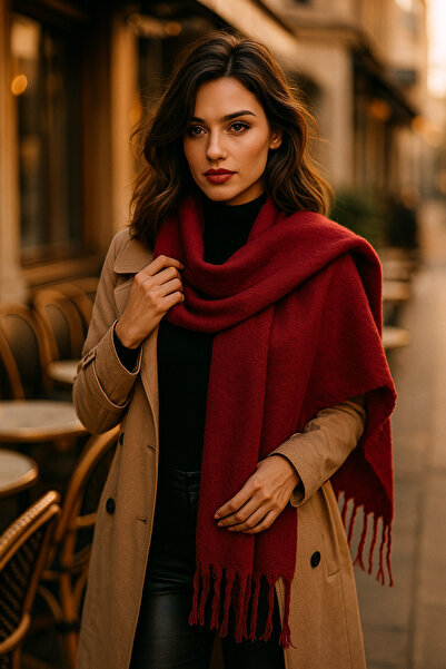 Luminos Butik Burgundy Tassel Scarf – Shawl and Wide Construction, Ideal for Cold Weather Sal1296