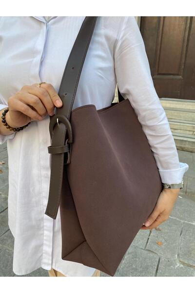 H&D COLLECTİON Brown Suede Buckle Detailed Bitter Brown Oversized Women's Shopper Bag
