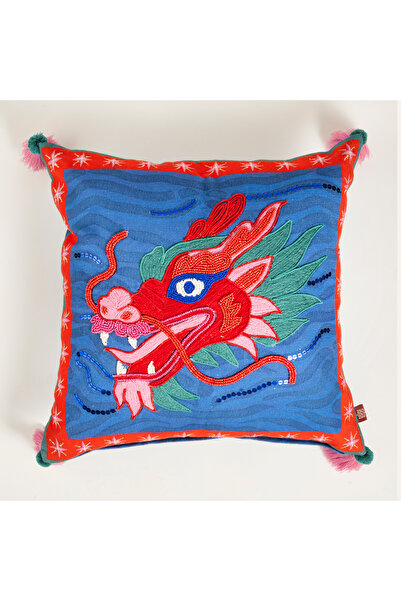 Zsa Zsa Zsu Ghunı Püsküllü Nakışlı Pamuk Dolgulu Kırlent 50x50 Cm Mavi