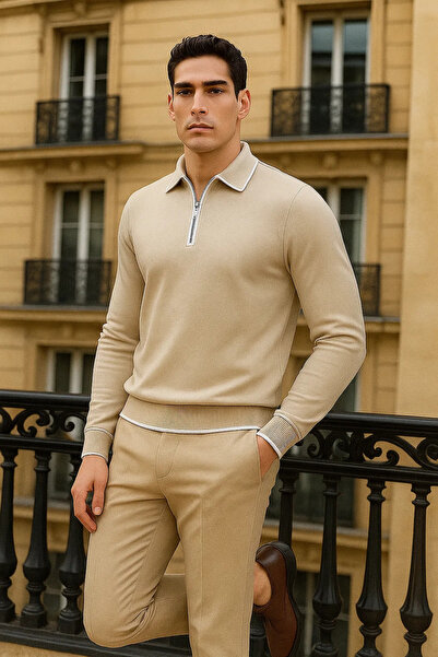 comstar Ανδρικό μπλουζάκι με φερμουάρ, μπεζ μακρυμάνικο μπλουζάκι με λαιμόκοψη πόλο