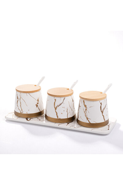Malooki Set of 3 Marble-Design Spice Jars with Wooden Lids and Spoons