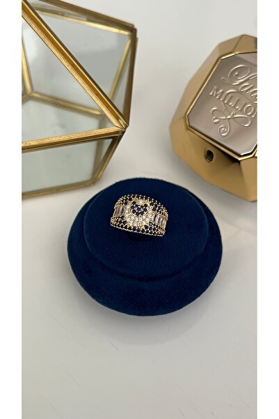 SU PERİSİ TAKI BİJUTERİ Adjustable Gold Blue Zircon Stone Moon Detail Ring