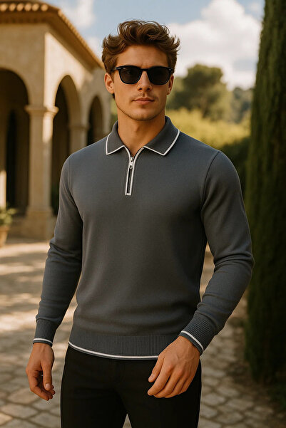 comstar Men's Casual Zippered Smoked Long Sleeve Polo Neck Knitwear