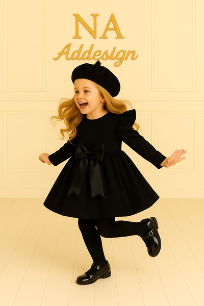 NA ADDESIGN Комплект рокля и шапка с двойна панделка за момичета – комбинация за специални поводи и празници (ЧЕРНО-ЧЕРВЕНО)