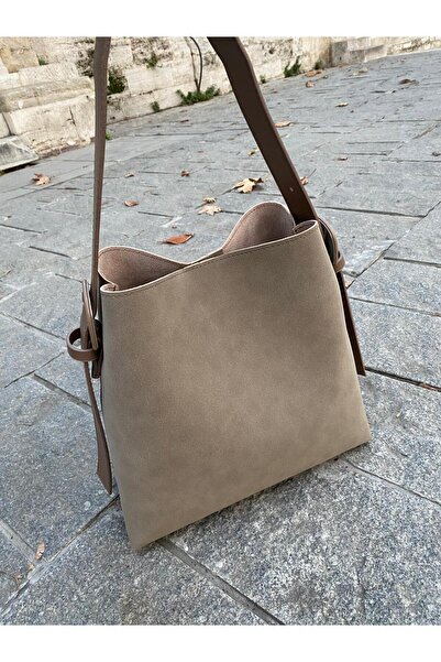 H&D COLLECTİON Mink Suede Women's Shopper Bag with Buckle Detail