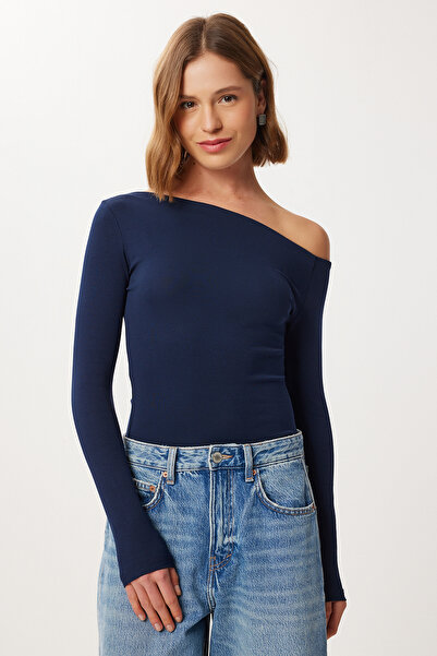 Lovelyİstanbul Open Shoulder Gathered Knitted Blouse Lub0269 Dark Blue