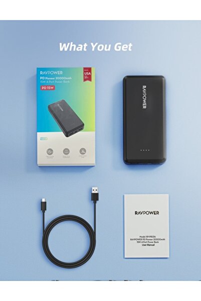 RavPower بطارية بايونير 20000 مللي أمبير/ساعة 15 وات بمنفذين USB وType-C وMicro USB