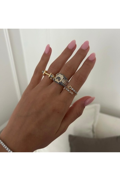 SU PERİSİ TAKI BİJUTERİ Adjustable Gold Blue Zircon Stone Moon Detail Ring