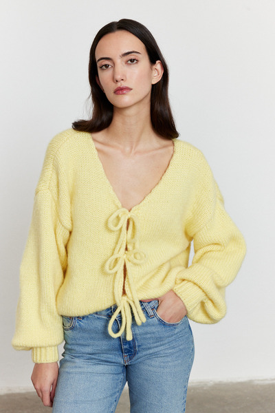 FACETTE Tied Balloon Sleeve Cardigan Yellow