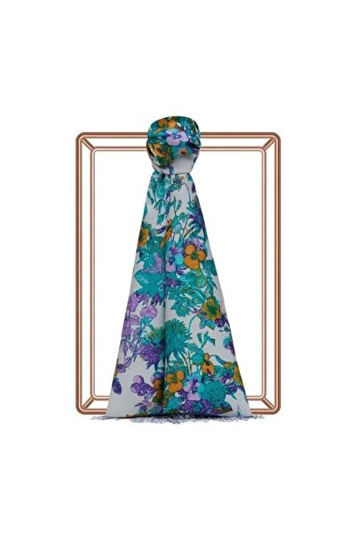 ipekevi Шал от коприна с мотив - Дива виолетка - Ледено синьо