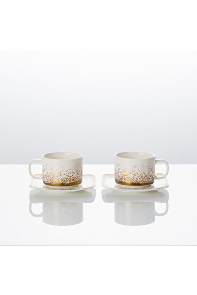 Malooki Set 2 Porcelain Coffee Cups 150 ml with Square Saucer – Gold Gradient