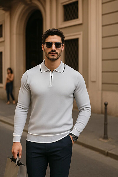 comstar Men's Zippered Gray Long Sleeve Polo Neck Knitwear Sweater