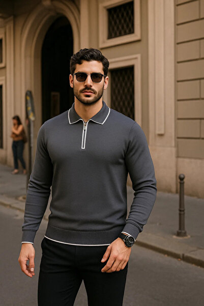 comstar Men's Zippered Smoked Long Sleeve Polo Neck Knitwear Sweater