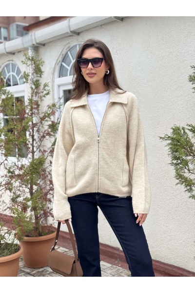 Elif Özbey Butik Stone Polo Neck Zippered Cardigan
