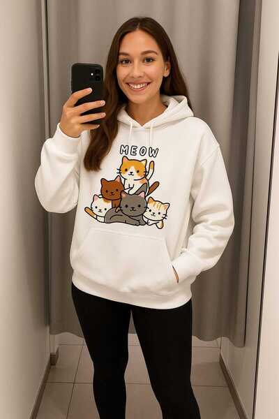 blausee wear Liyadaco White Oversized Hooded Sweatshirt -Meow Sweet Cats Prin...