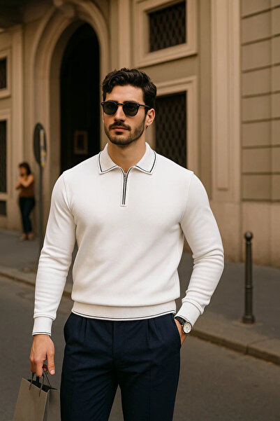 comstar Men's Zippered White Long Sleeve Polo Neck Knitwear Sweater