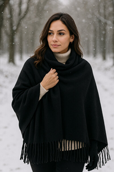 Luminos Butik Black Tassel Scarf – Shawl and Wide Construction, Ideal for Cold Weather Sal1296