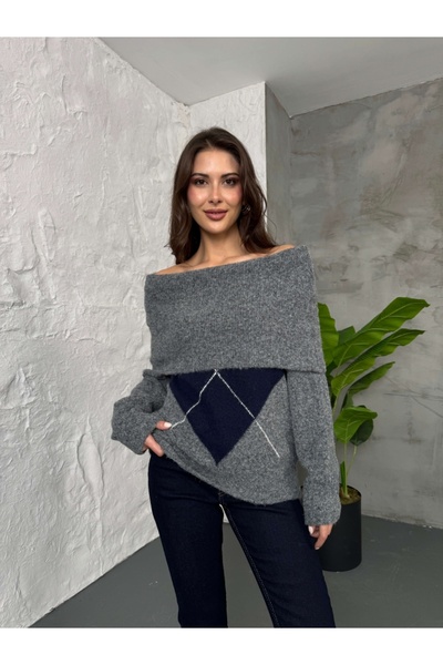 Elif Özbey Butik Anthracite Open Collar Diamond Pattern Sweater